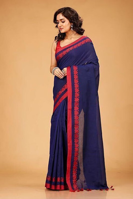 ANAMIKA Store Solid/Plain, Printed Handloom Cotton Blend Saree(Blue)