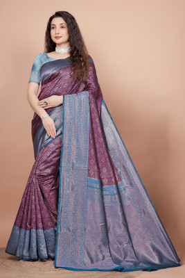 BuyNests Woven, Self Design Banarasi Silk Blend Saree(Purple, Blue)