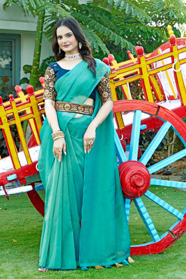 KONICA FAB Solid/Plain Bollywood Organza Saree(Light Green)