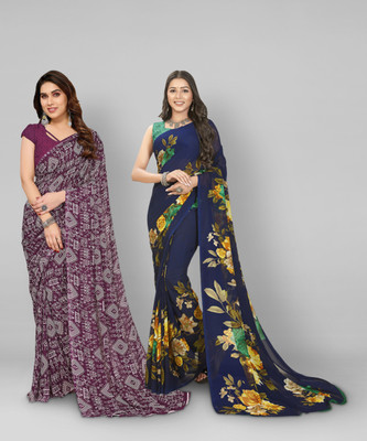 kashvi sarees Floral Print, Polka Print, Ombre, Printed Bollywood Georgette Saree(Pack of 2, Dark Blue, Purple)