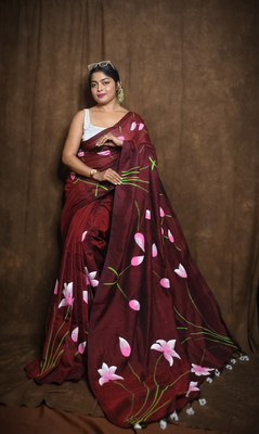 GOURISAREE Printed Hand Batik Cotton Blend Saree(Maroon)