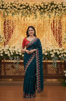 BrownSoilOrganics Floral Print Jamdani Satin Saree(Dark Blue)