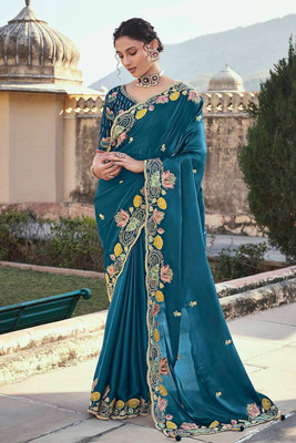 JK Creations Embroidered Bollywood Jimmy choo Saree(Pack of 2, Dark Blue)