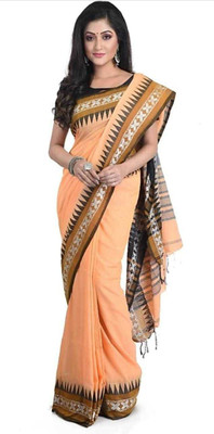 AjoyDas Self Design Handloom Pure Cotton Saree(Orange)