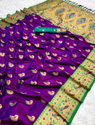 Tasrika Woven Paithani Cotton Silk Saree(Purple)