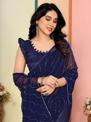 ANOUK Embellished Saree with Attached Blouse Georgette Saree(Blue)