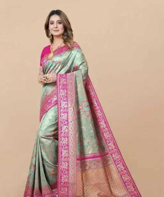 WILLMAKE Printed Kanjivaram Jacquard, Art Silk Saree(Light Green, Pink)