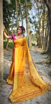 SAYAN CREATION Self Design Handloom Pure Cotton Saree(Yellow)