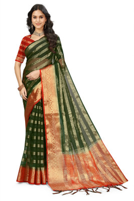 Aarunika MNT Woven Bollywood Organza Saree(Dark Green)