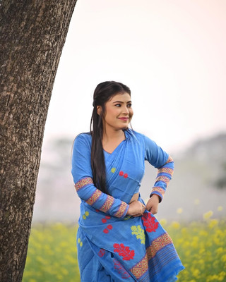 Divine Fabrics Woven Mekhela Chador Cotton Silk Saree(Blue)