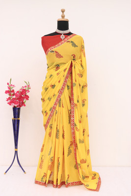 ZENFAB THREADS Printed Bollywood Art Silk Saree(Yellow)