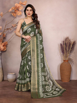 Moda Rapido Printed Bollywood Cotton Blend Saree(Green)