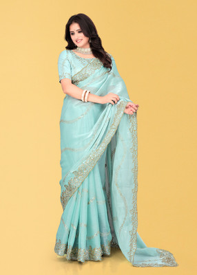 Brahmani Creation Embroidered Banarasi Organza Saree(Light Blue)