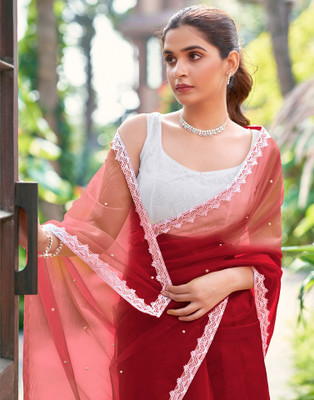 Samah Dyed, Embellished, Self Design Bollywood Net Saree(Red)