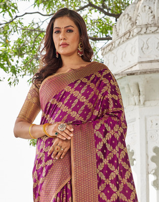 Samah Self Design, Woven, Embellished Kanjivaram Jacquard, Cotton Silk Saree(Purple)