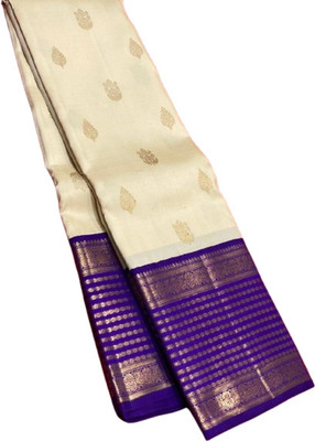 WOMENELEGENCE Woven Banarasi Pure Silk Saree(White, Blue)