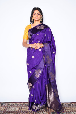 Dridh Textiles Woven, Embellished Banarasi Pure Silk Saree(Purple)