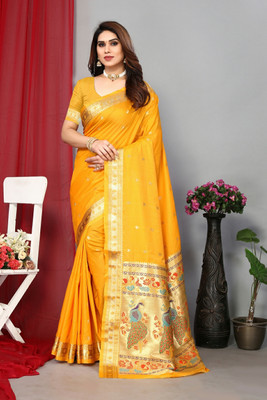 GOLDOLL FAB Woven Paithani Jacquard Saree(Yellow)