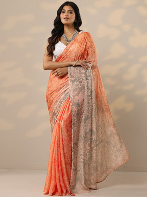 LIBAS Printed, Self Design Daily Wear Silk Blend Saree(Orange)