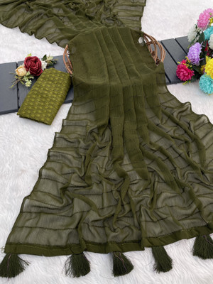 SDGRATITUDE Self Design Daily Wear Chiffon Saree(Green)