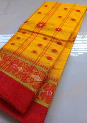 BiswasTextiles Self Design Tant Pure Cotton Saree(Yellow)