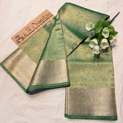 AHCREATION Self Design Banarasi Tissue Saree(Green)