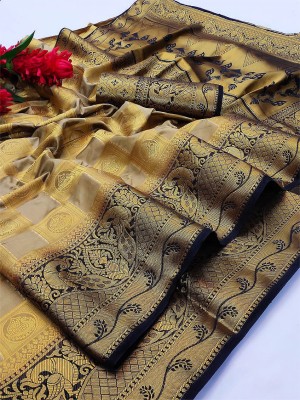 Divastri Printed Banarasi Cotton Silk Saree(Gold, Blue)