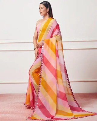 Qyra Digital Print Leheria Georgette Saree(Multicolor)
