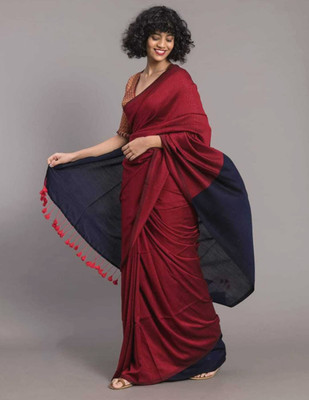 HouseOfCommon Solid/Plain Handloom Cotton Blend Saree(Maroon, Dark Blue)
