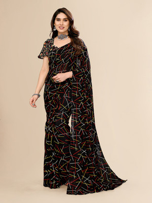 kashvi sarees Striped, Printed Leheria Georgette Saree(Black)