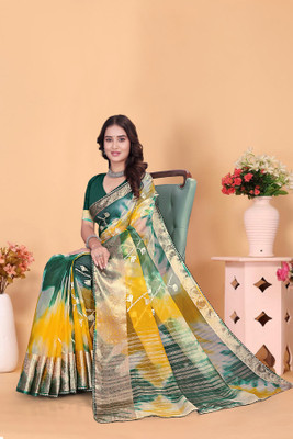 Aarunika MT Solid/Plain Bollywood Organza Saree(Green, Yellow)