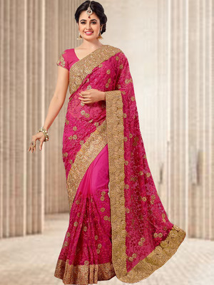 Kedar Fab Embroidered Bollywood Silk Blend Saree(Pink)