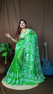 Rnn Saree Embroidered Jamdani Cotton Silk Saree(Light Green)