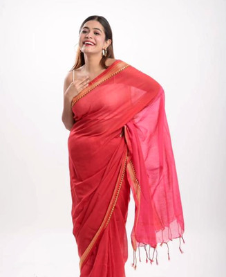 RIDDHIMAN FASHION Striped, Solid/Plain Handloom Cotton Blend Saree(Red)