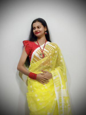 SAREESAAZ Floral Print, Woven Handloom Handloom Cotton Blend Saree(Yellow)
