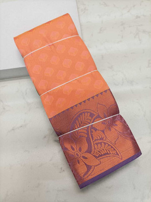 Poontamil silk Self Design, Woven, Geometric Print, Floral Print Kanjivaram Polyester Saree(Orange)