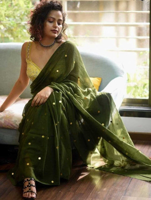 WeaveAura Self Design Handloom Cotton Blend Saree(Green)