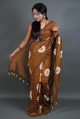 NAMITASAREES Floral Print Handloom Pure Cotton Saree(Brown)