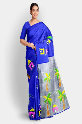 PRIDE SALES Hand Painted Handloom Cotton Blend Saree(Blue)