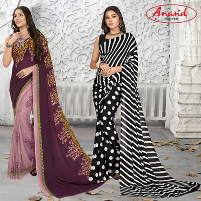 Anand Sarees Floral Print Daily Wear Georgette Saree(Pack of 2, Purple, Beige, Multicolor)