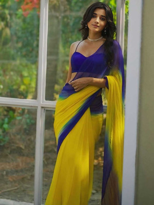 Shree Khodiyar Color Block Bollywood Georgette Saree(Yellow, Blue)
