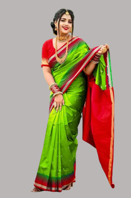 ZAVISH Temple Border Sambalpuri Art Silk Saree(Light Green, Red)