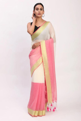 JHILUU Solid/Plain Handloom Cotton Blend Saree(White, Pink)