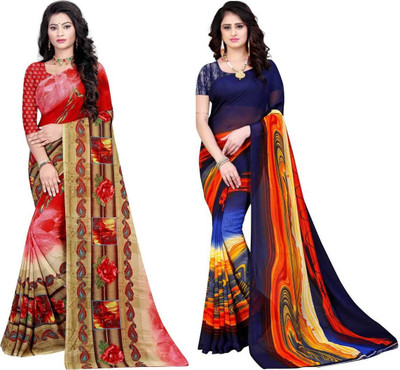 Leelavati Printed Daily Wear Georgette Saree(Pack of 2, Dark Blue, Red)