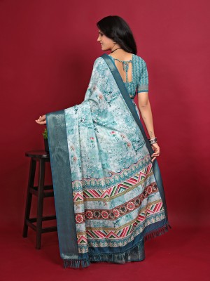 Mionas Woven, Digital Print Daily Wear Cotton Silk, Linen Saree(Light Blue)