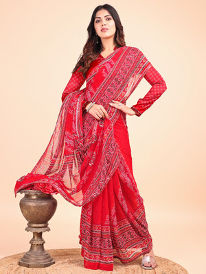 VIBHAGYAA Printed, Embellished, Embroidered Daily Wear Chiffon Saree(Red)