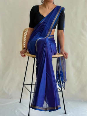 GOLU Solid/Plain Handloom Cotton Blend Saree(Blue)