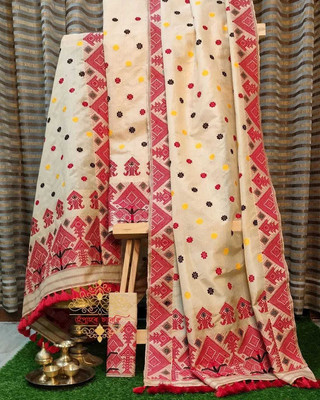 vrajnetic Woven Mekhela Chador Pure Silk Saree(Pack of 2, Cream)