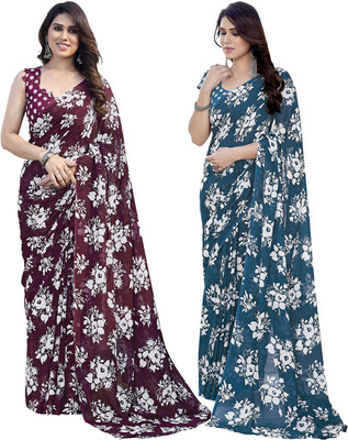 Anand Sarees Floral Print Daily Wear Georgette Saree(Pack of 2, Brown, Blue)