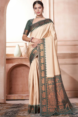 ROOP LAVANYA Woven Kanjivaram Jacquard, Art Silk Saree(Cream, Dark Green)